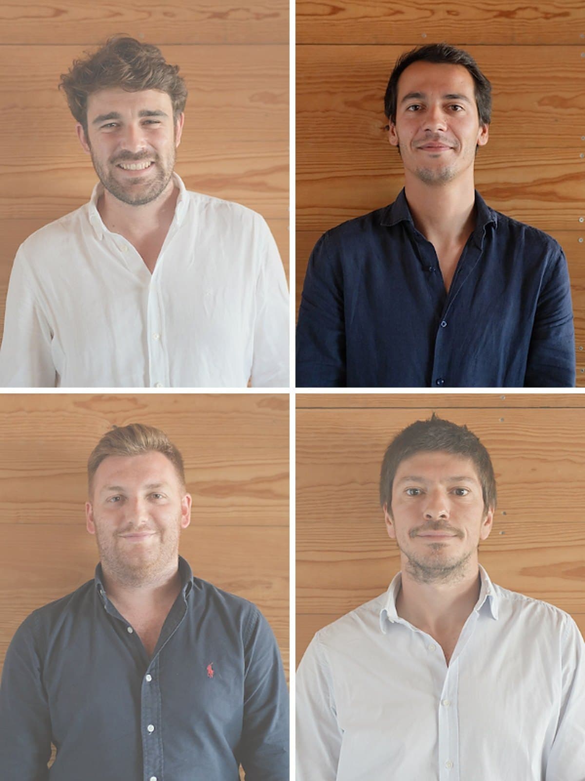 The Laplace team: four portraits arranged in a grid, each person in a light shirt against a timber wall.